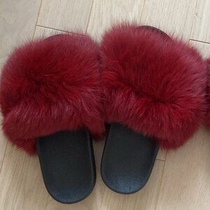 NEW FOX FUR SLIDES SLIPPERS SHOES BURGUNDY SIZE EU 41 US 8 OR 9 - 1 PAIR